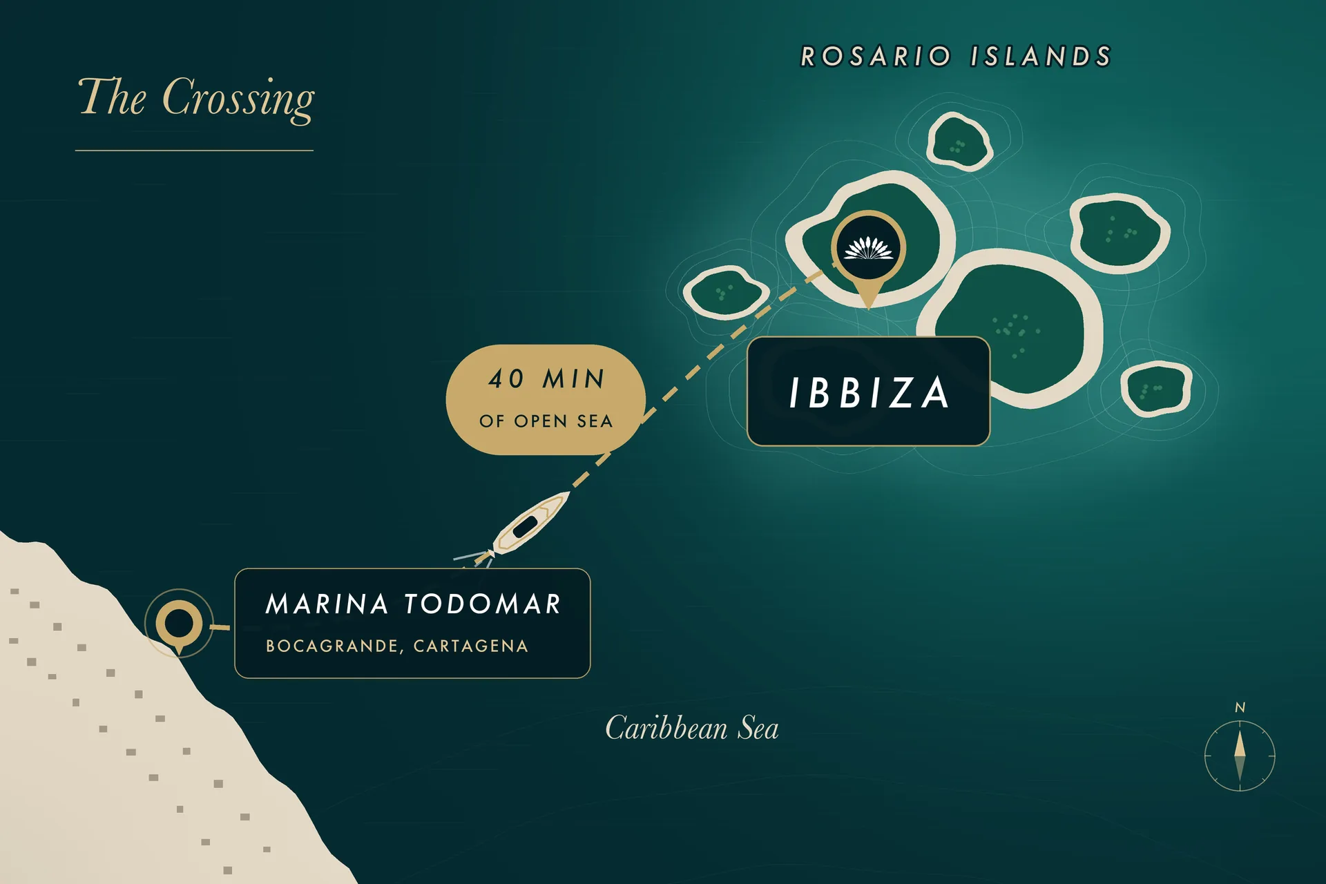 Illustrated map of the boat route from Marina Todomar in Cartagena to Ibbiza in the Rosario Islands, a 40-minute crossing