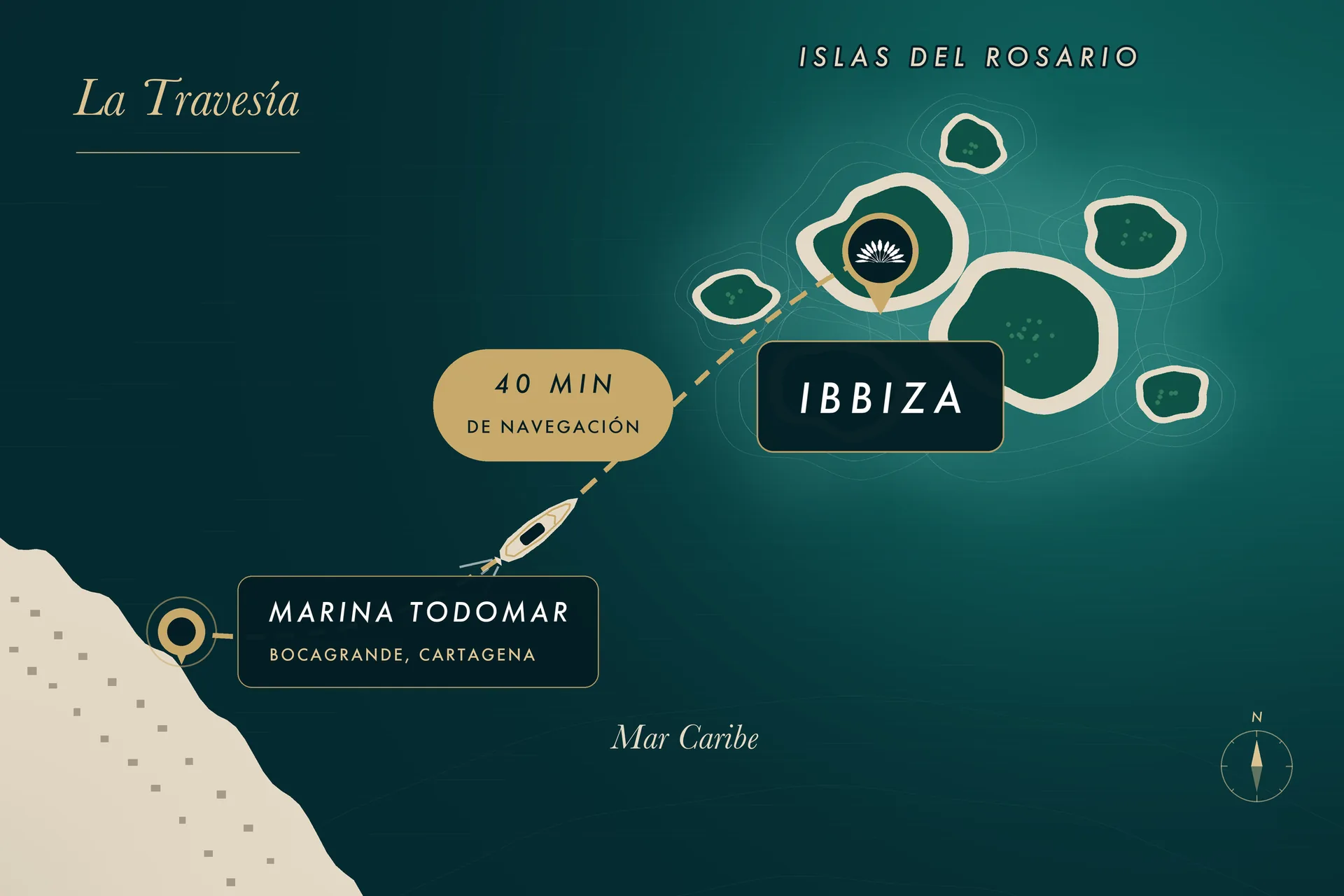 Mapa ilustrado de la ruta en bote deportivo desde Marina Todomar en Cartagena hasta Ibbiza en las Islas del Rosario, 40 minutos de navegación